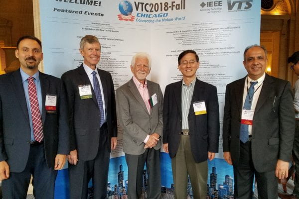 [L to R]: Wyglinski (as President of IEEE VTS), Dennis Roberson (IEEE VTC 2018 Fall Chair), Marty Cooper (inventor of the cell phone), Jae Kim (Samsung R&D), Abbas Jamalipour (as IEEE VTS Executive VP)